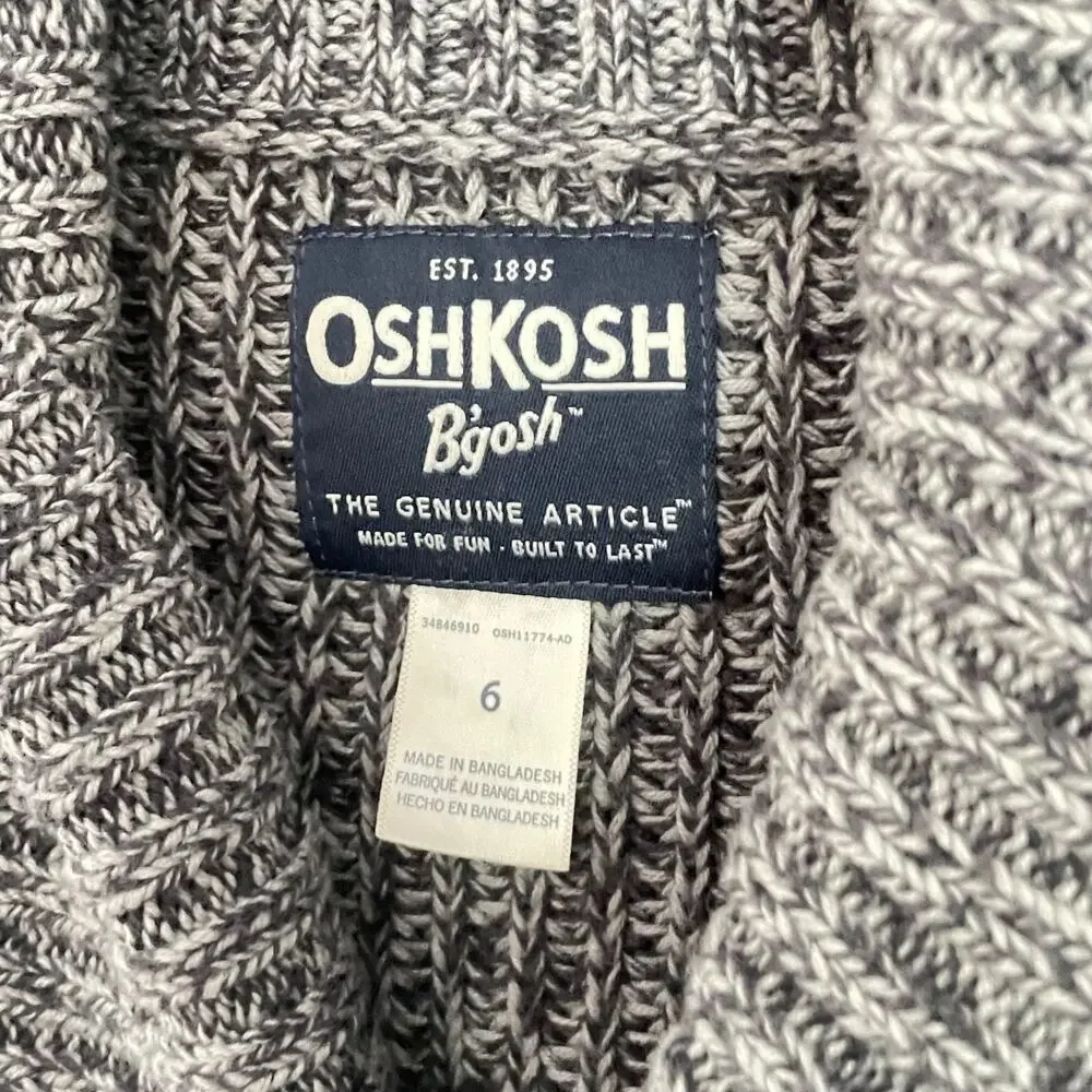 OshKosh B’gosh Kids Cardigan Sweater Size 6 Gray Shawl Collar Chunky Knit Cotton